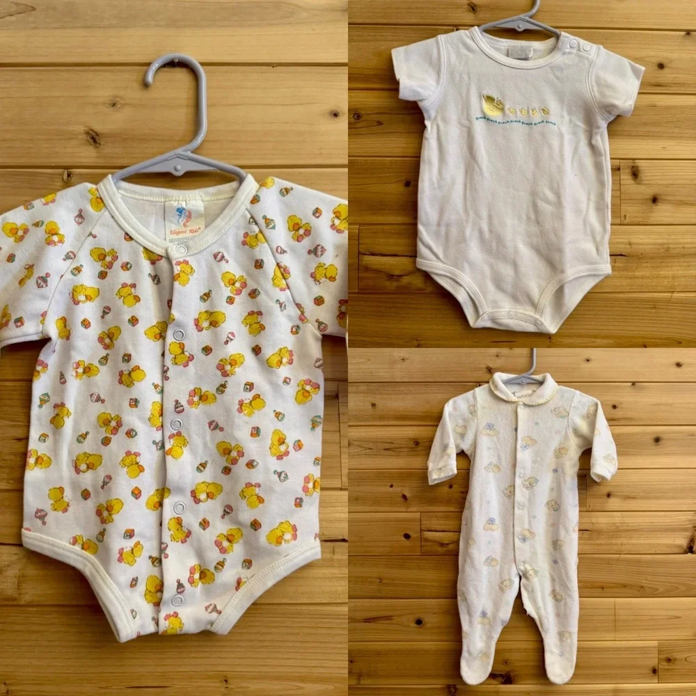 Vintage 6-12 Months Baby Retro Yellow Duck Footie Bodysuit Bundle